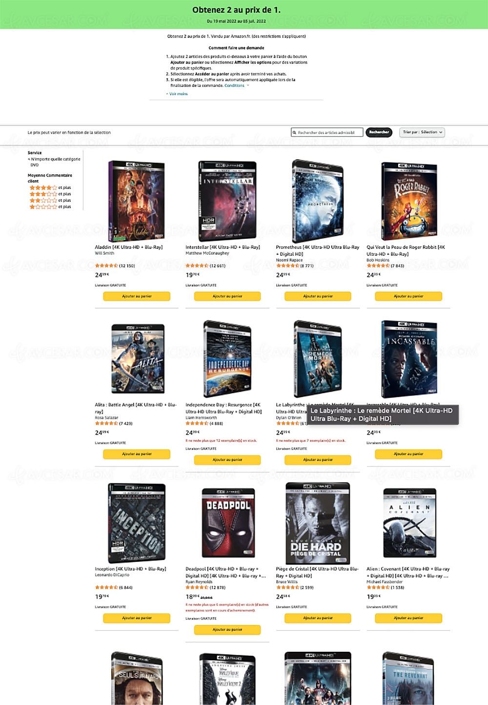 Bon plan Amazon, 2&nbsp;titres 4K Ultra&nbsp;HD Blu&#8209;Ray achetés =&nbsp;1&nbsp;offert