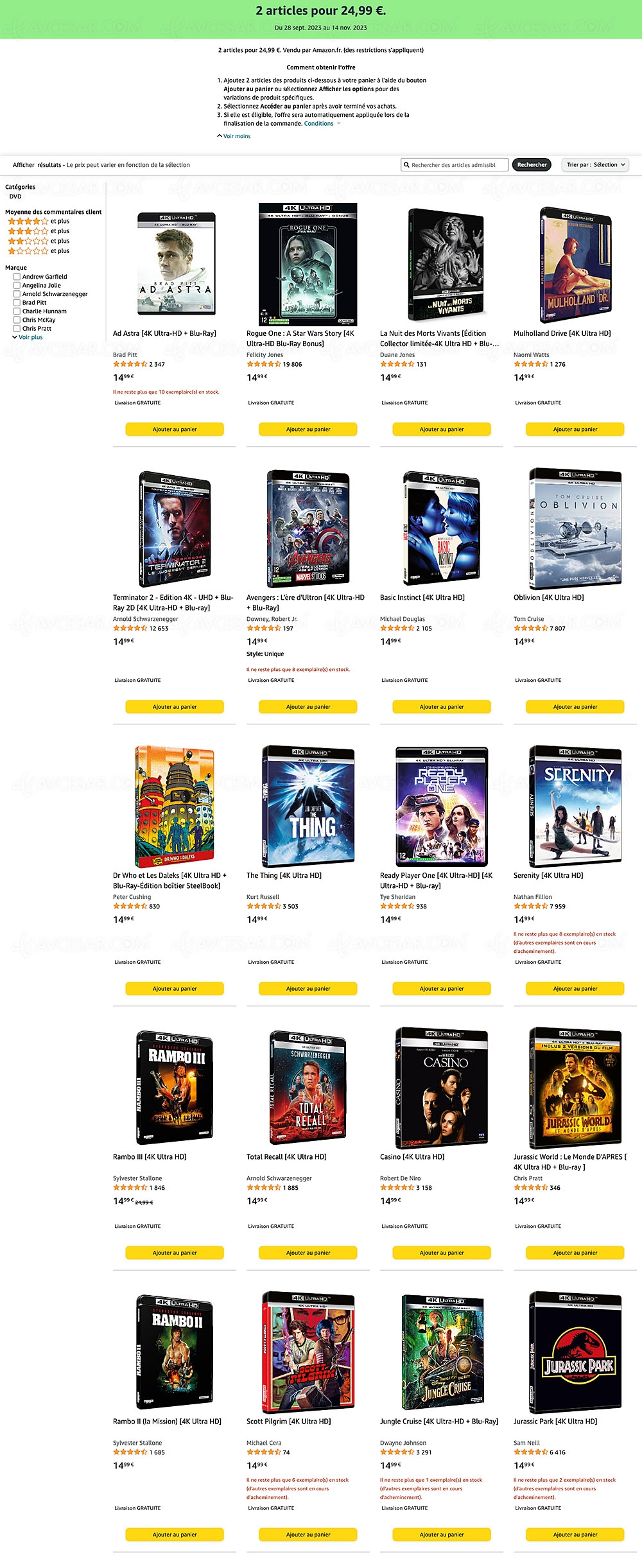 Promos Amazon, 2&nbsp;titres 4K Ultra&nbsp;HD Blu&#8209;Ray parmi 152 pour&nbsp;24,99&nbsp;€